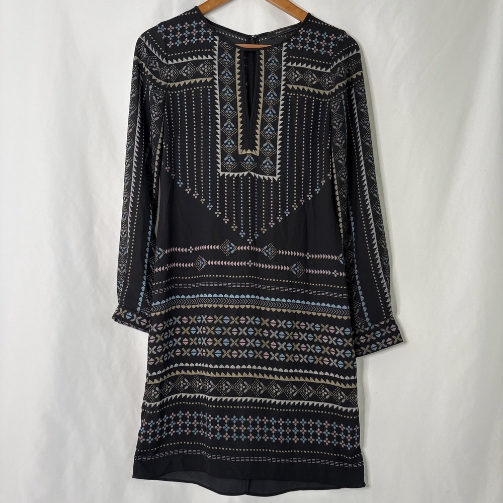 BCBGMaxAzria XS Freya Tapestry Print Tunic Dress Lightweight Long Sleeves Black